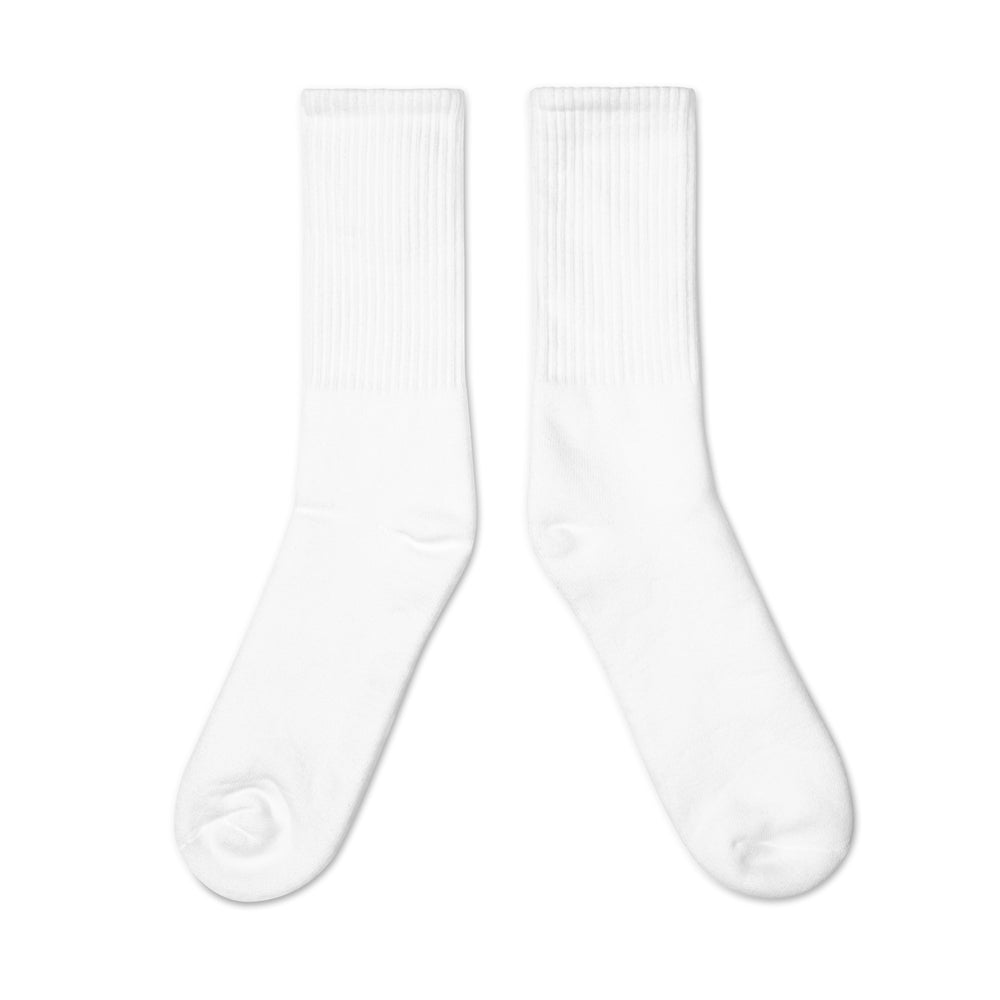 
                      
                        White w/ Black Logo Drip Check Socks
                      
                    