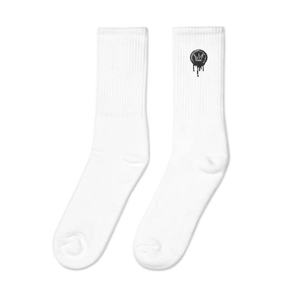 
                      
                        White w/ Black Logo Drip Check Socks
                      
                    