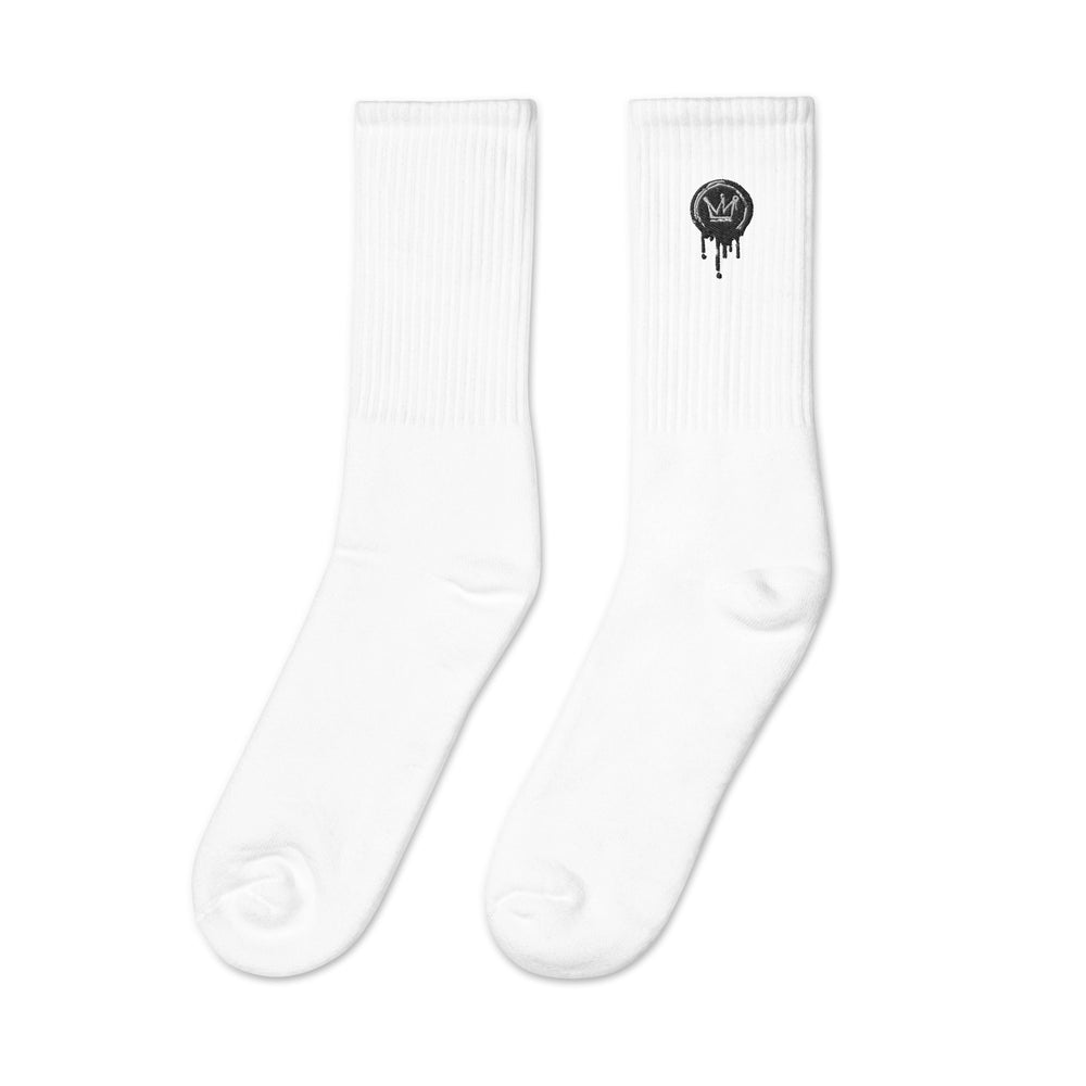 White w/ Black Logo Drip Check Socks