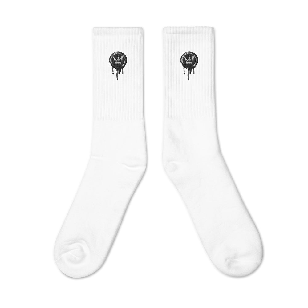 
                      
                        White w/ Black Logo Drip Check Socks
                      
                    