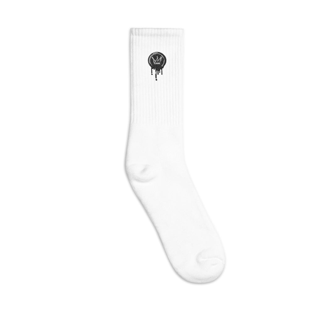 
                      
                        White w/ Black Logo Drip Check Socks
                      
                    