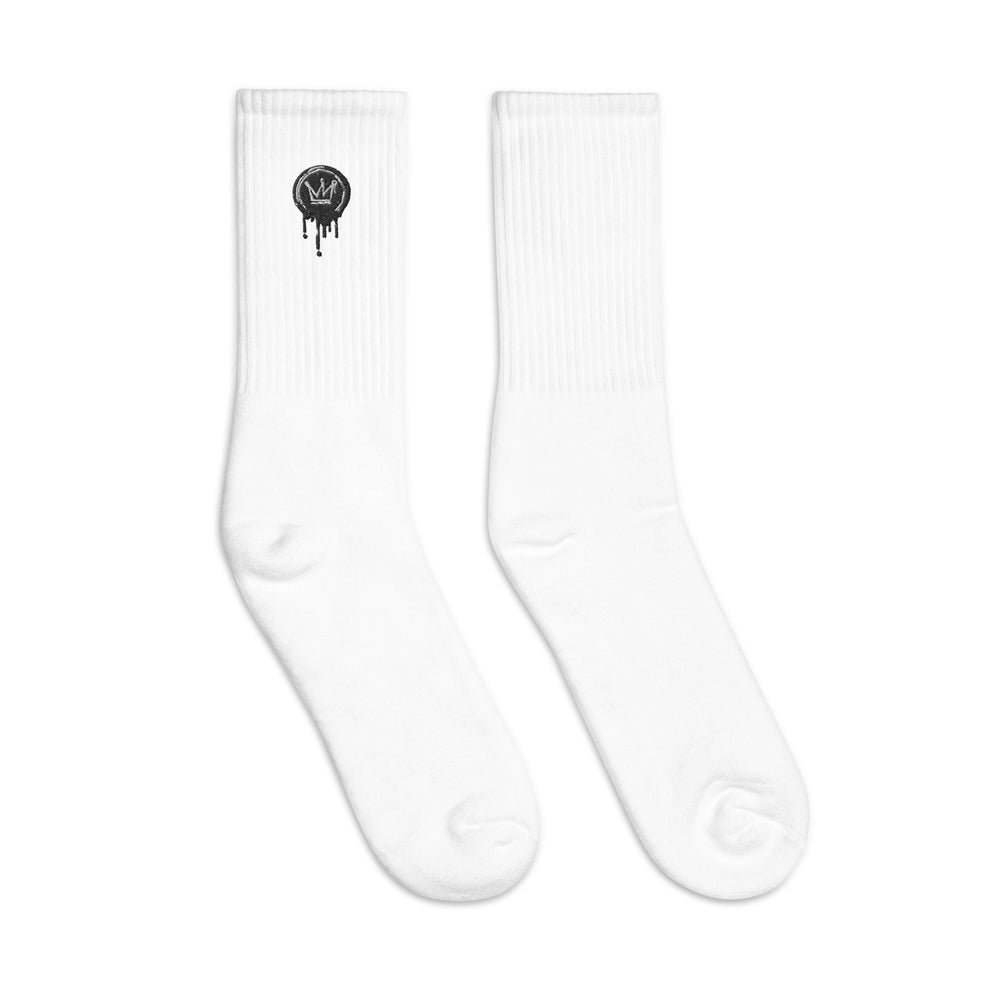 
                      
                        White w/ Black Logo Drip Check Socks
                      
                    